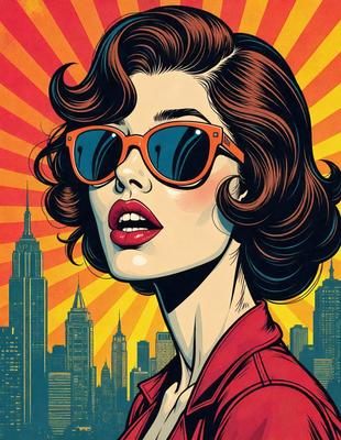 The primary subject of the image is a woman wearing sunglasses and a red jacket. She is standing in front of a city skyline, which serves as the setting and background of the scene. The visual style of the image is a colorful, vibrant, and artistic illustration, giving it a lively and energetic atmosphere.